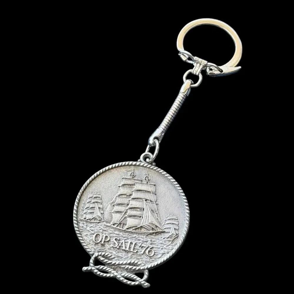 OP Sail '76 Clipper Ship Pewter Keychain Medallion Key Ring Sailing Sailboat